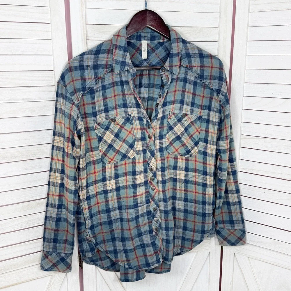 Vintage Free People Plaid Raw Hem Flannel Shirt‎ Ombre Blue Multi XS XSmall